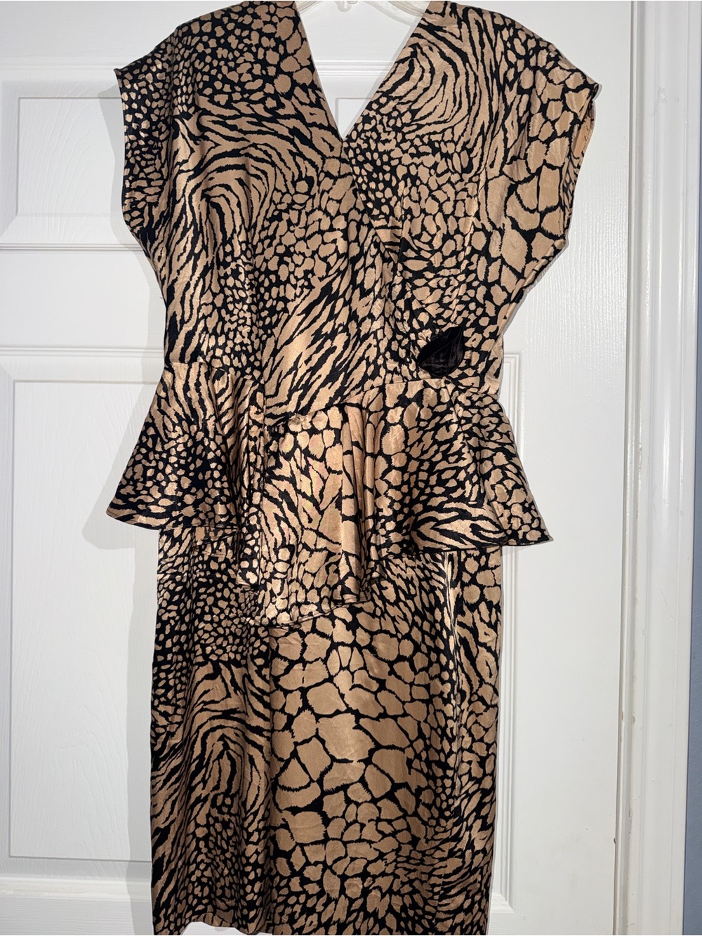 Vintage Black and Tan Animal-Print Peplum Wrap Midi Dress